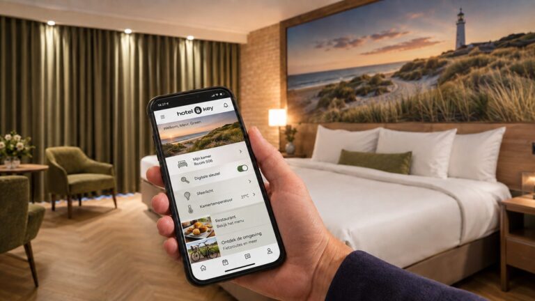 Hotelgast bedient de kamerfuncties via een app op de smartphone