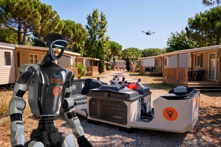 Humanoïde robot en drone op een camping tijdens een demonstratie